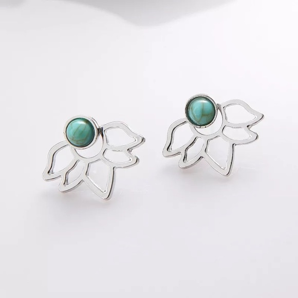 Silver Lotus Flower Green Stone Jacket Earring - Picture 5 of 5